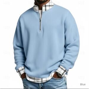 Men's Plaid Zip Polo Blue Long Sleeve 2XL